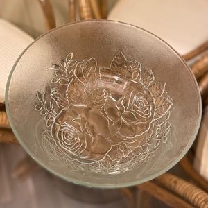 Vintage 48 oz. Clear Frosted Glass Bowl with Embossed Raised Roses And Flowers